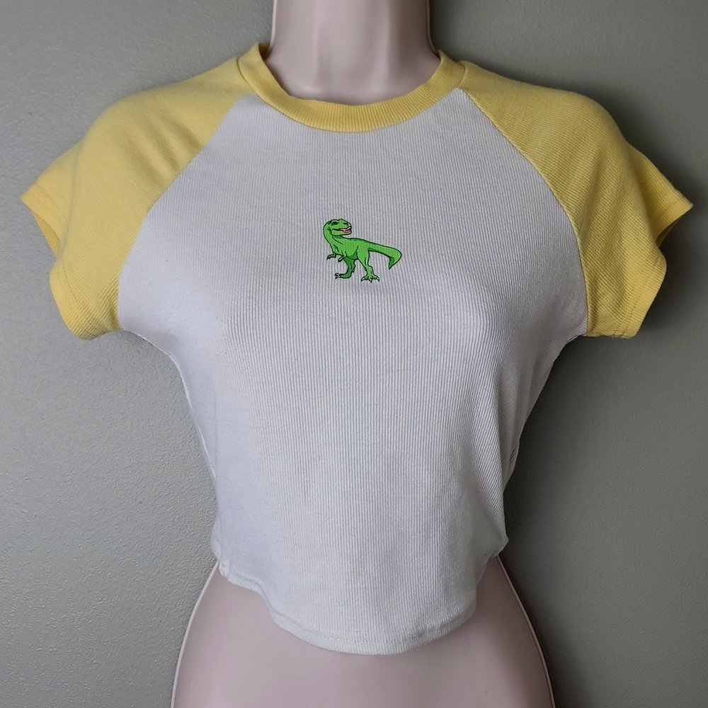 Forever 21 Crop Yellow & White Baseball Tee with Embroidered Dinosaur Graphic